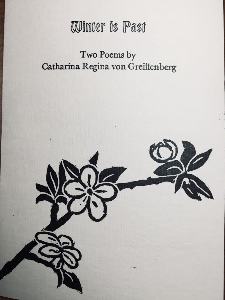 Cover of the pamphlet, with title: “Winter is Past: Two Poems by Catharina Regina von Greiffenberg”